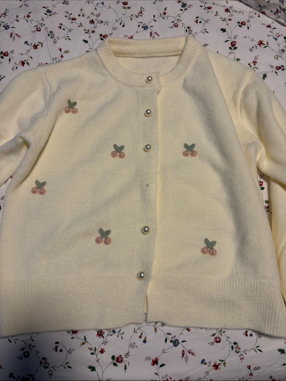Cream Cherry-Embroidered Button-Front Women's Sweater Cardigan